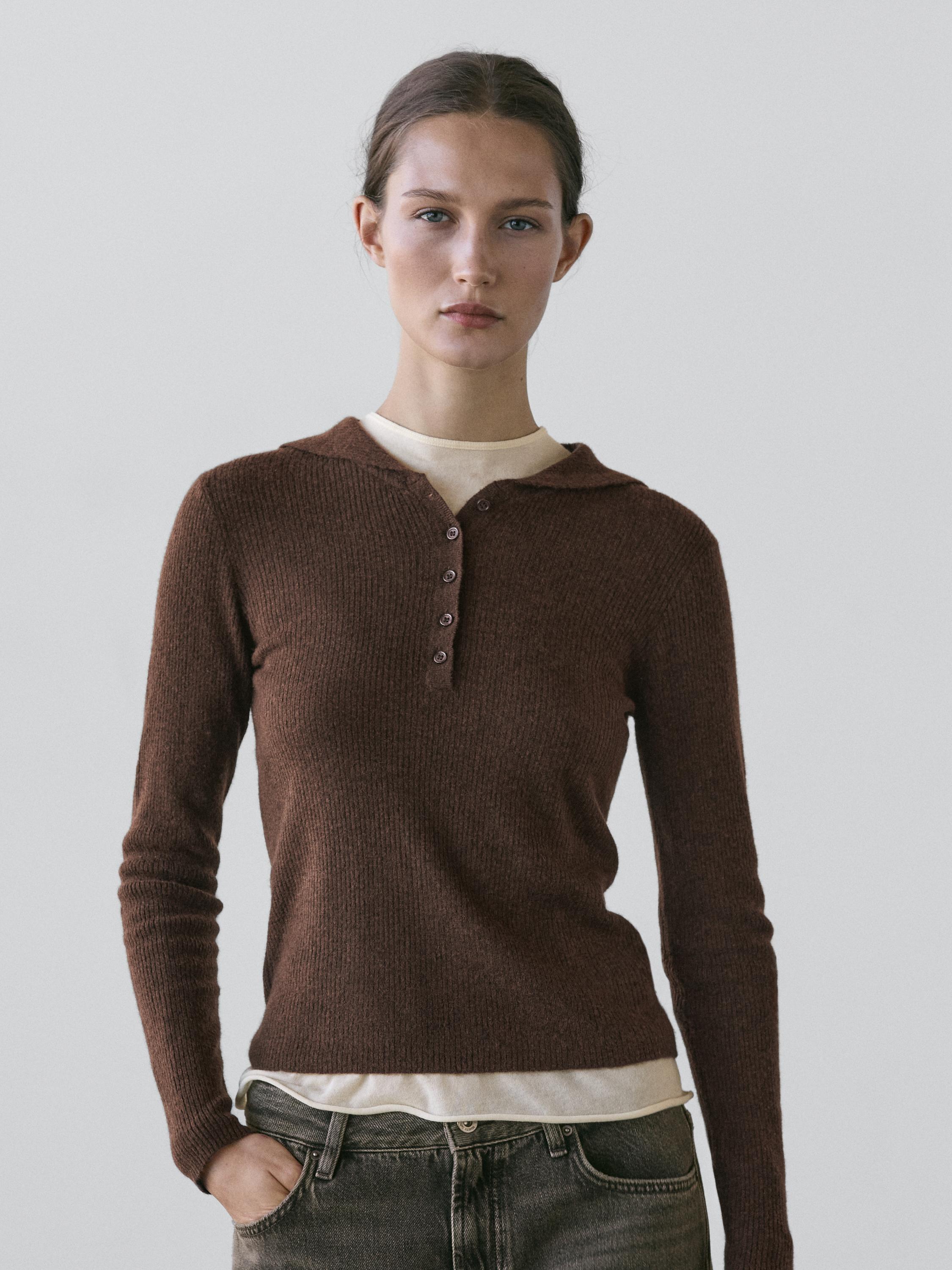 Melange knit polo sweater with collar detail